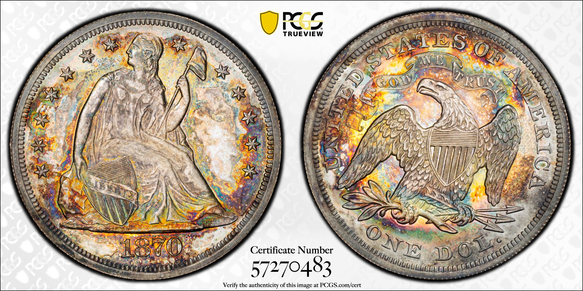 1870 Proof Seated Dollar PCGS PR64.